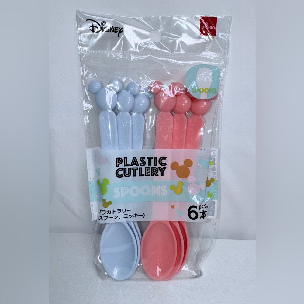 NWT-Disney x Daiso Mickey Mouse 6-Piece Reusable Pink & Blue 7” Plastic Spoons